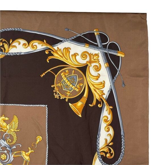 Vintage Silky Square Scarf Ornate Regency 34 Inch Gold Tones Classic Chic Crown - Picture 4 of 7